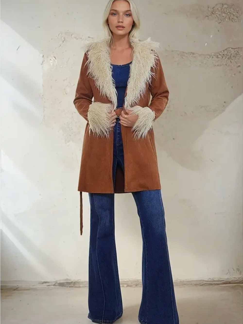 Penny Lane Faux Suede Brown Coat with Cream Faux Fur Trim - Picture 2 of 3